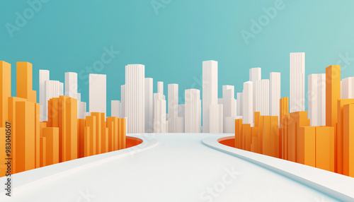 City skyline with orange and white abstract buildings.