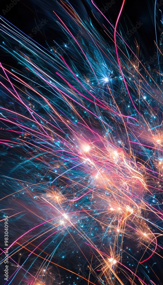 Dynamic Long-Exposure Fireworks Display with Vibrant Light Trails in Night Sky Dynamic Long-Exposure Fireworks Display with Vibrant Light Trails in Night Sky