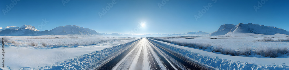 A Panoramic View of a Highway in Winter with a Snow-Covered Landscape, Showcasing a Serene and Icy Road Stretching into the Distance, Capturing the Beauty and Tranquility of Winter Travel
A Panoramic View of a Highway in Winter with a Snow-Covered Landscape, Showcasing a Serene and Icy Road Stretching into the Distance, Capturing the Beauty and Tranquility of Winter Travel