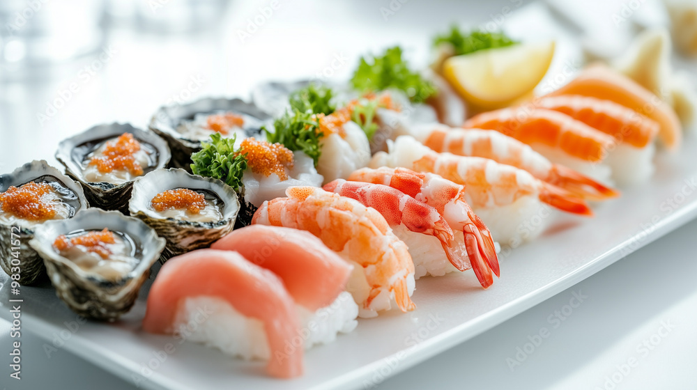 Fresh sushi platter with assorted seafood including shrimp, tuna, and oysters elegantly presented on a white plate Fresh sushi platter with assorted seafood including shrimp, tuna, and oysters elegantly presented on a white plate