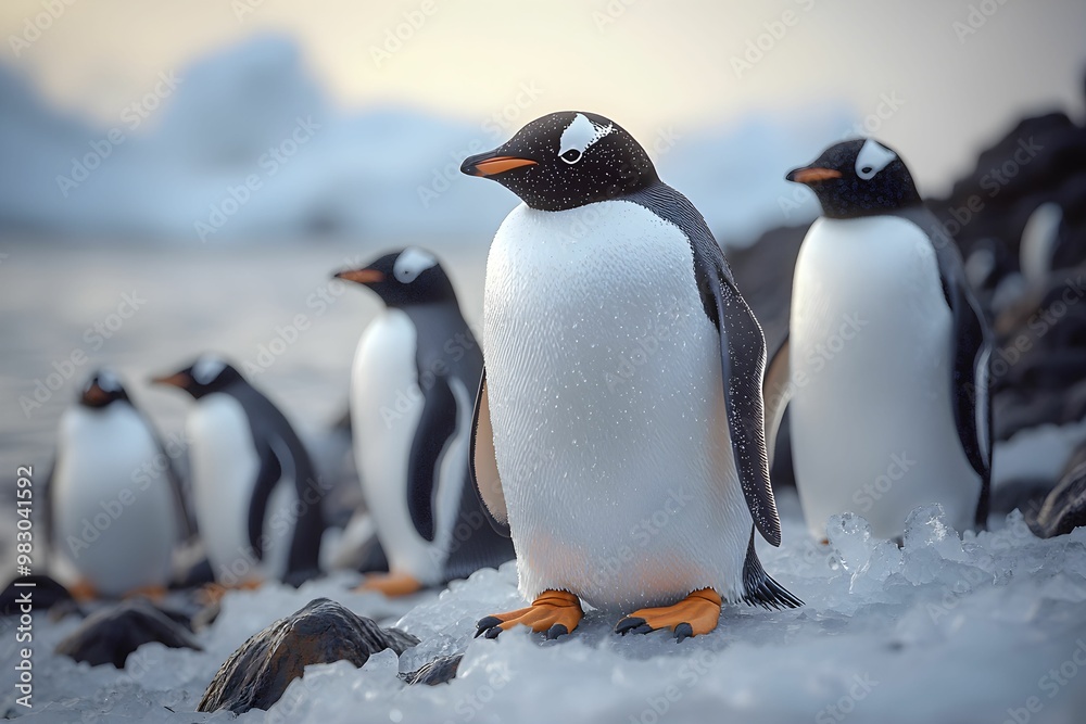 Fototapeta premium Gentoo penguins standing on the icy shore at sunset in Antarctica