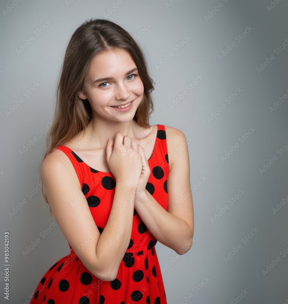 Smiling girl in red polka dot outfit