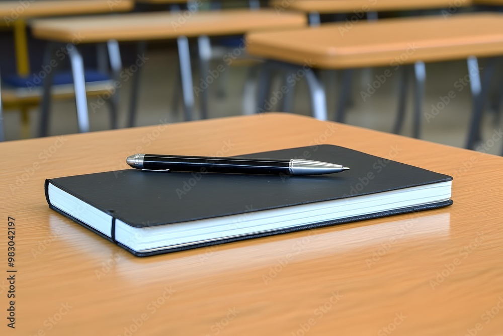 notebook and pen on the desk in the classroom in the school, representing education, study and writing notebook and pen on the desk in the classroom in the school, representing education, study and writing