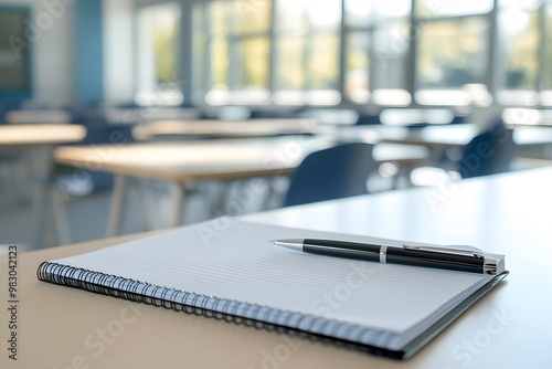 notebook and pen on the desk in the classroom in the school, representing education, study and writing