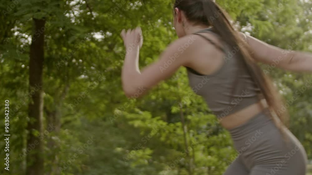 A young woman wearing fitness attire dances alone in an idyllic park, enjoying the peace and quiet of nature. A young woman wearing fitness attire dances alone in an idyllic park, enjoying the peace and quiet of nature.
