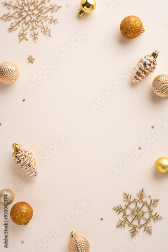 A festive vertical arrangement of golden Christmas ornaments and intricate snowflakes on a soft background, creating an elegant holiday atmosphere photo