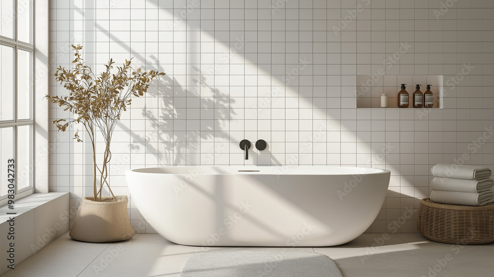Minimalist bathroom with a freestanding tub, clean white tiles, and a single piece of decor on the wall Minimalist bathroom with a freestanding tub, clean white tiles, and a single piece of decor on the wall
