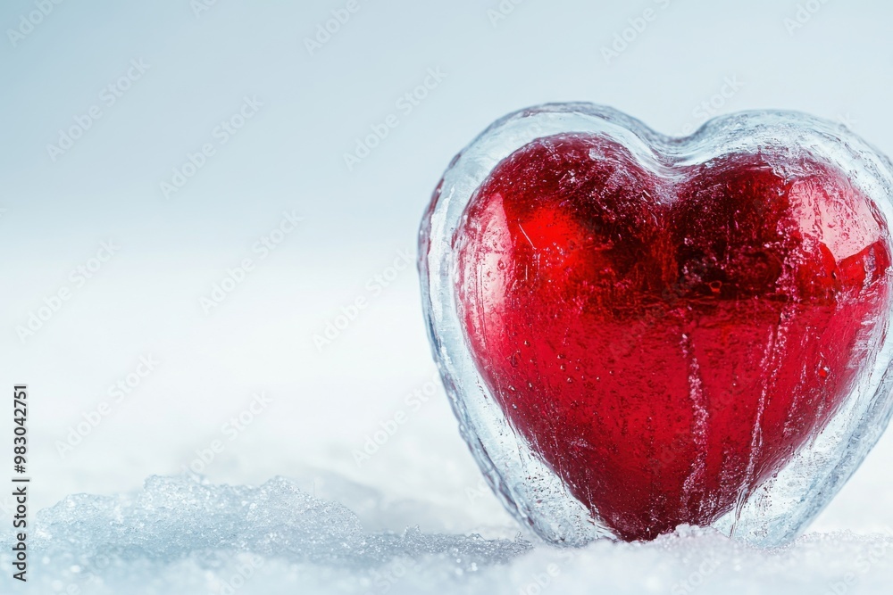 Red heart enclosed in frosty cube on a light background, allowing empty area for text or images. Creative banner design. Space for artistic contributions Red heart enclosed in frosty cube on a light background, allowing empty area for text or images. Creative banner design. Space for artistic contributions