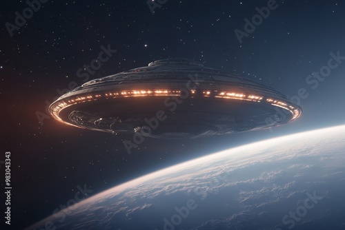 A large, illuminated flying saucer hovers above Earth in the vastness of space during a peaceful night