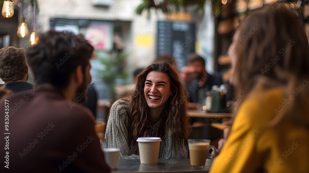 Woman Laughing with Friends at a Cafe Table Woman Laughing with Friends at a Cafe Table