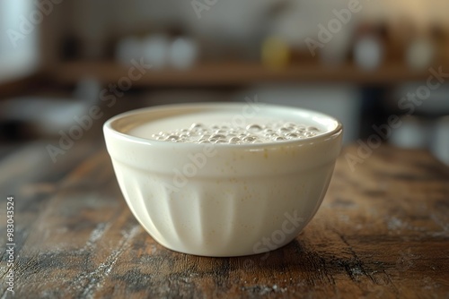 Creamy dessert in a white bowl on rustic wooden table