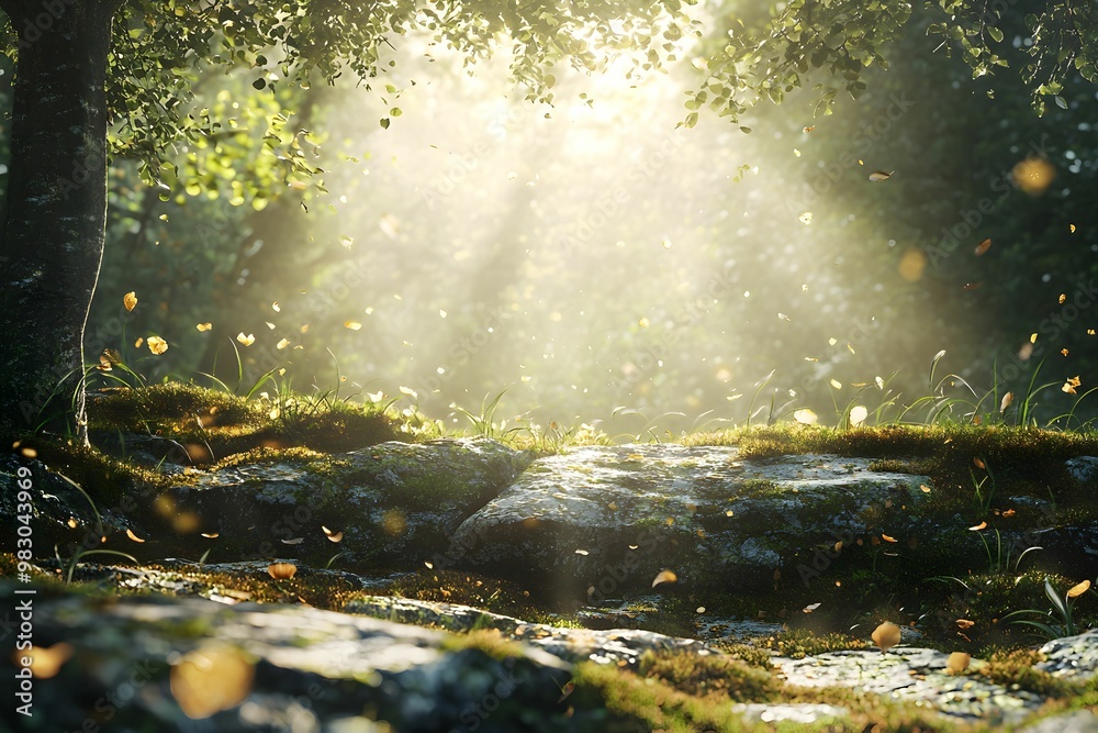 Sunlight streaming through trees in a serene forest setting Sunlight streaming through trees in a serene forest setting