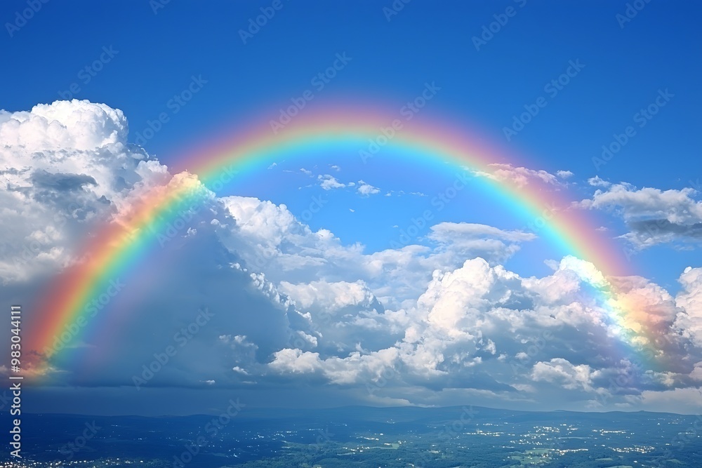 Vibrant rainbow arcing over dramatic cloudscape against clear blue sky Vibrant rainbow arcing over dramatic cloudscape against clear blue sky