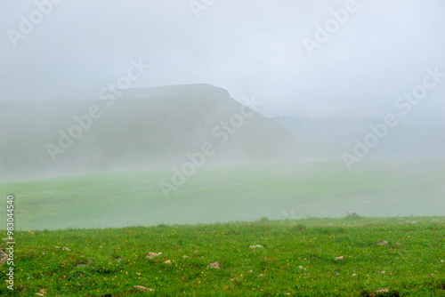 A peaceful landscape with a ghostly mountain in the fog and an alpine alpine meadow. Caucasus photo