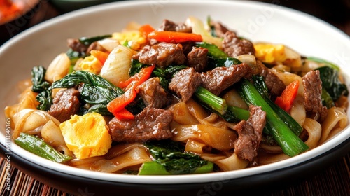 Stir fry chow mien noodles with pork and vegetable, Asian stir fry noodle dish with copy.