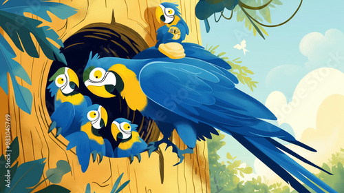 ilustração infantil fofa - arara azul em seu buraco na árvore cuidando de seus filhotes photo