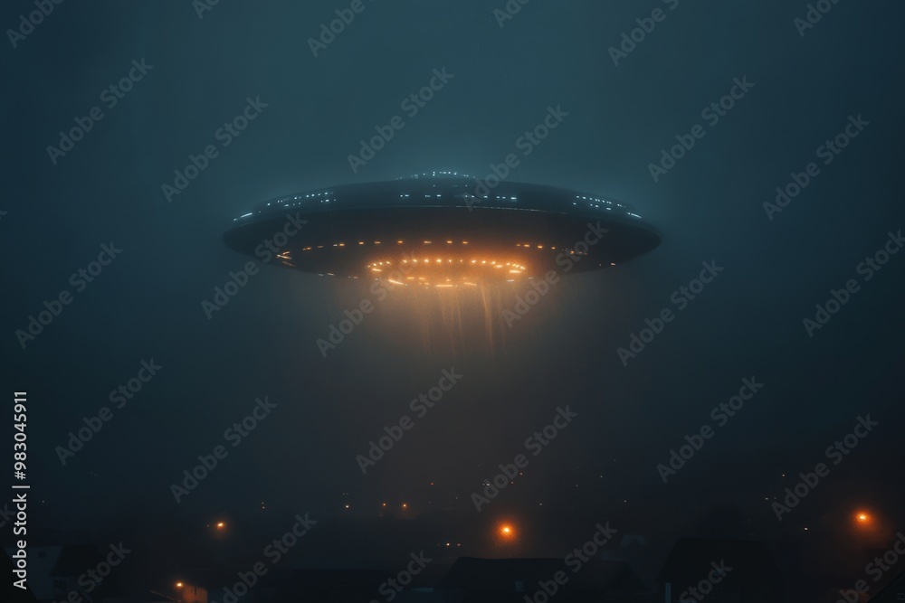 Mysterious UFO hovers over a dimly lit suburban neighborhood, casting an eerie glow on foggy evening streets