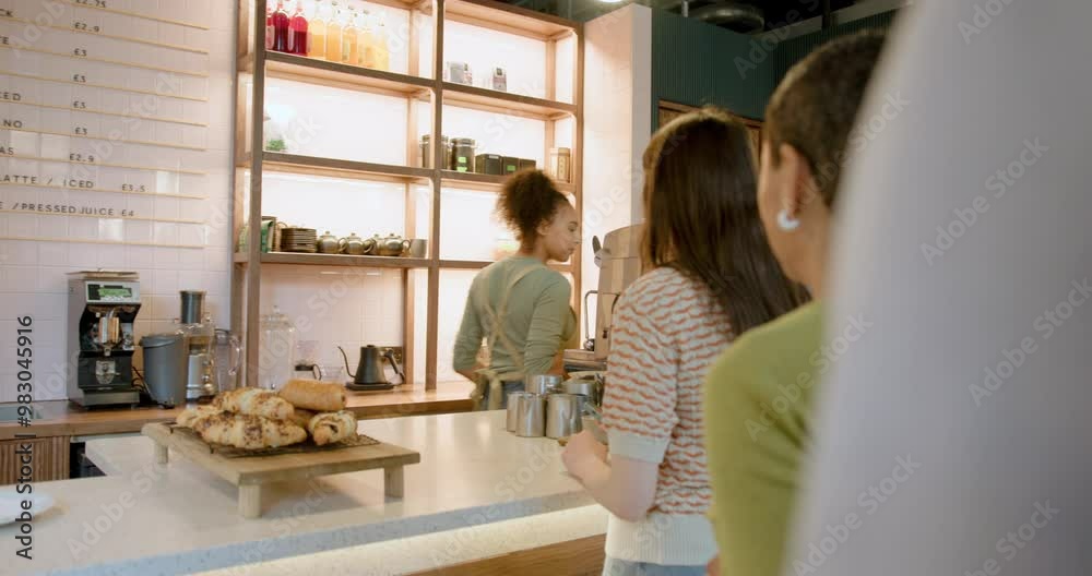 Young Adult Female Barista Serving Customers at a Cafe Counter Young Adult Female Barista Serving Customers at a Cafe Counter