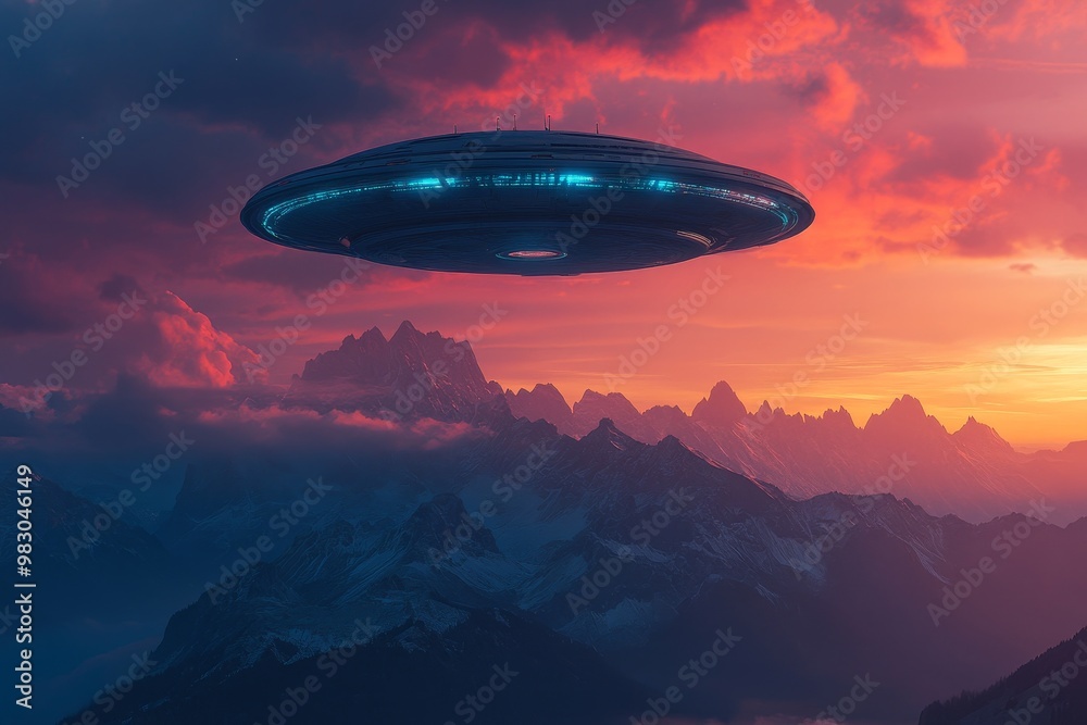 Fototapeta premium A UFO hovers over stunning mountains during a vibrant sunset in a serene landscape filled with dramatic clouds and colors