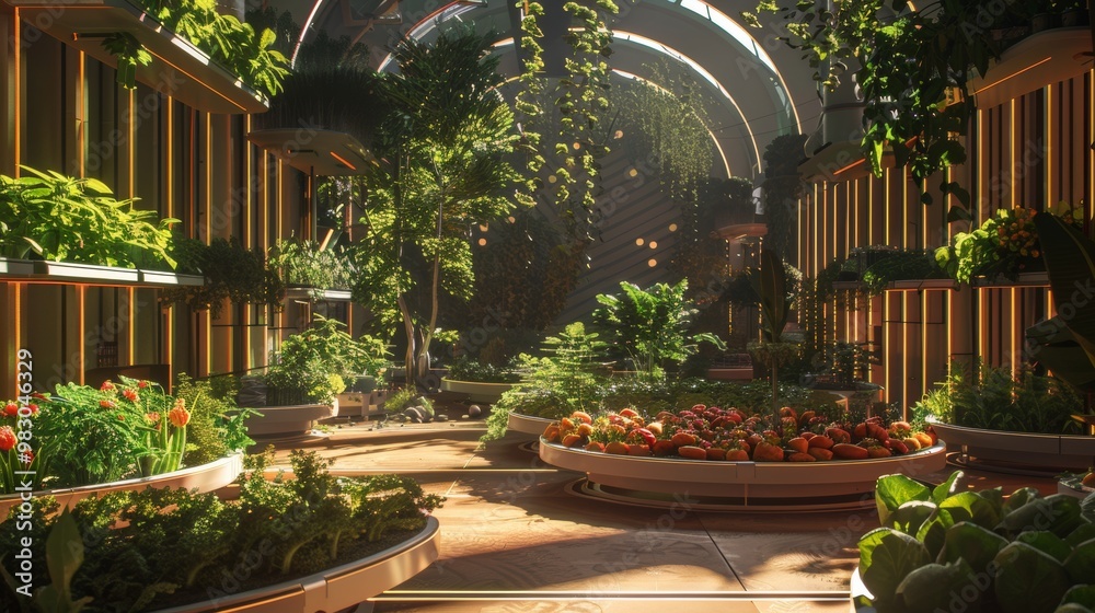 Obraz premium Serene and Lush Greenhouse Walkway With Sunlit Greenery and Architectural Charm