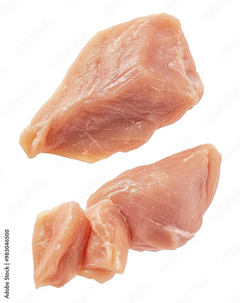 Falling Raw chicken, fillet, isolated on white background, clipping path, full depth of field Falling Raw chicken, fillet, isolated on white background, clipping path, full depth of field