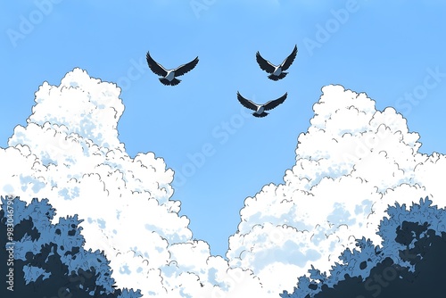 Majestic birds soaring above fluffy clouds in tranquil blue sky photo