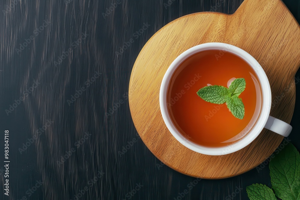 A top view of a cup of fresh tea with a mint leaf, served on a wooden coaster, perfect for nature-inspired themes. A top view of a cup of fresh tea with a mint leaf, served on a wooden coaster, perfect for nature-inspired themes.