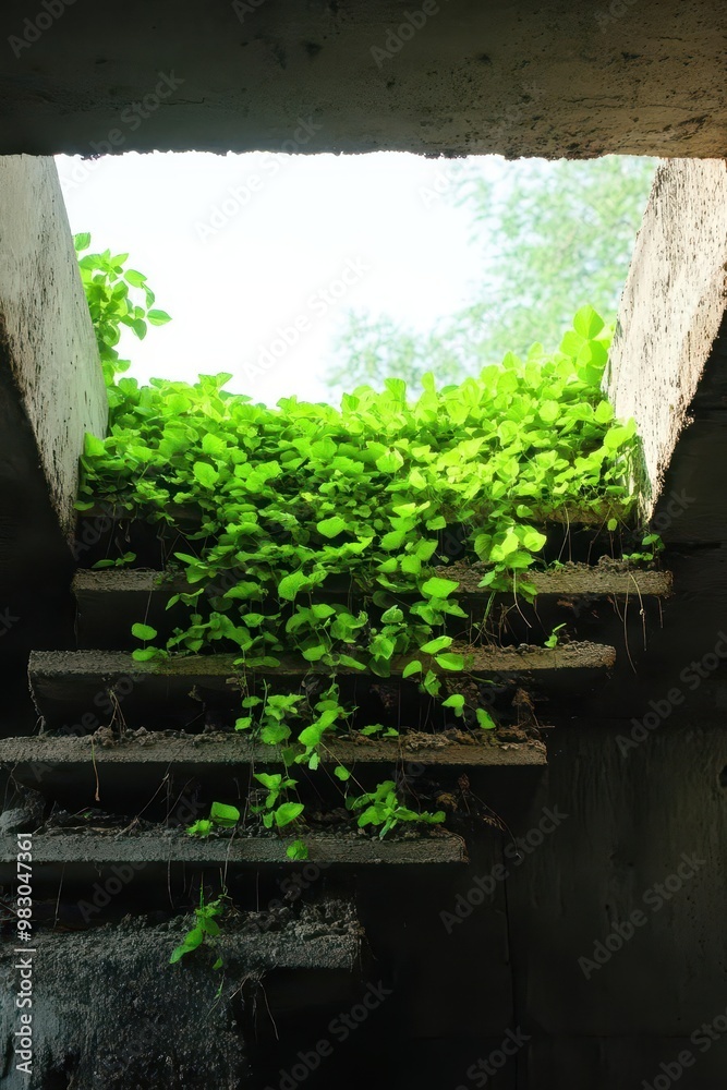 Overgrown concrete steps leading to a bright light above. Overgrown concrete steps leading to a bright light above.