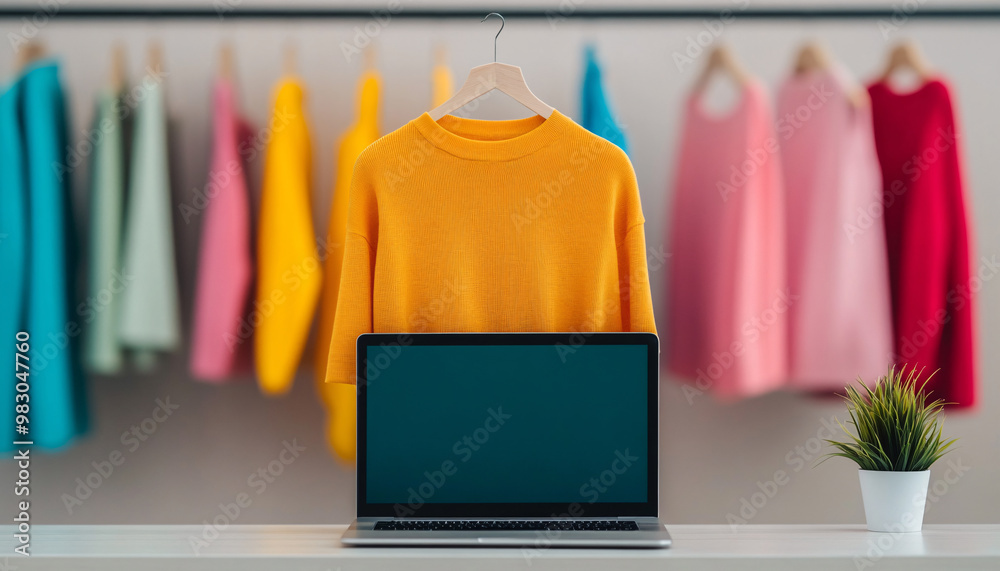 Obraz premium Laptop with stylish sweater in a colorful clothing store.