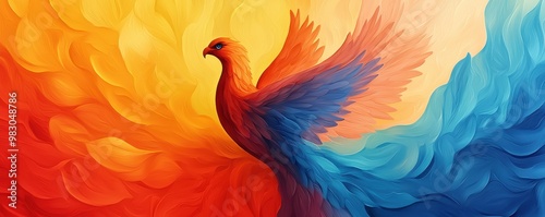 A vibrant and colorful phoenix illustration symbolizing rebirth and transformation, blending warm and cool hues creatively. photo