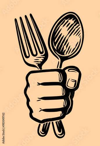 Spoon, fork in clenched fist. Cutlery and hand emblem. Sketch drawing for a restaurant or snack bar menu