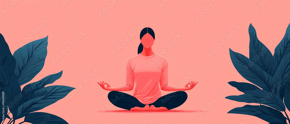 Person meditating among leaves on a pink background. Person meditating among leaves on a pink background.