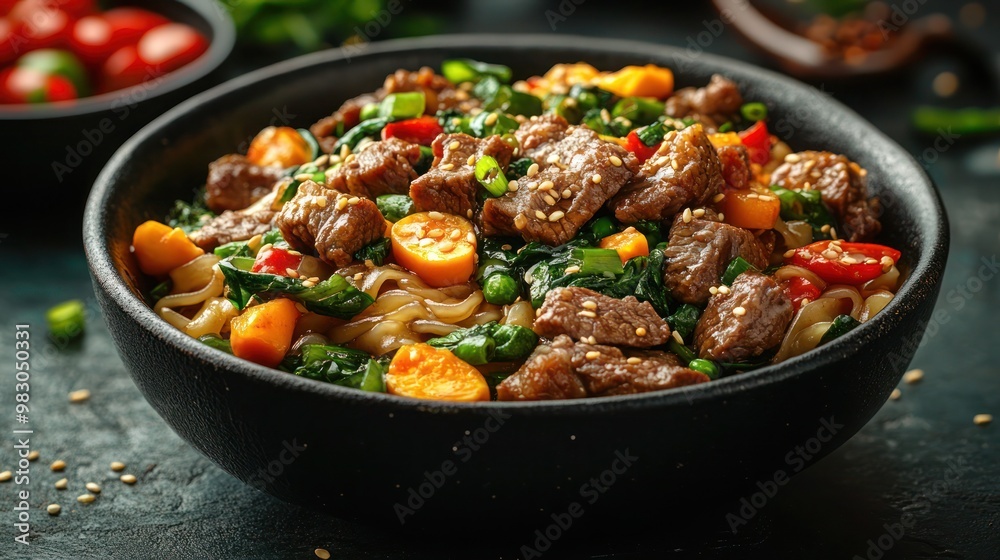 Stir fry chow mien noodles with pork and vegetable, Asian stir fry noodle dish with copy. Stir fry chow mien noodles with pork and vegetable, Asian stir fry noodle dish with copy.