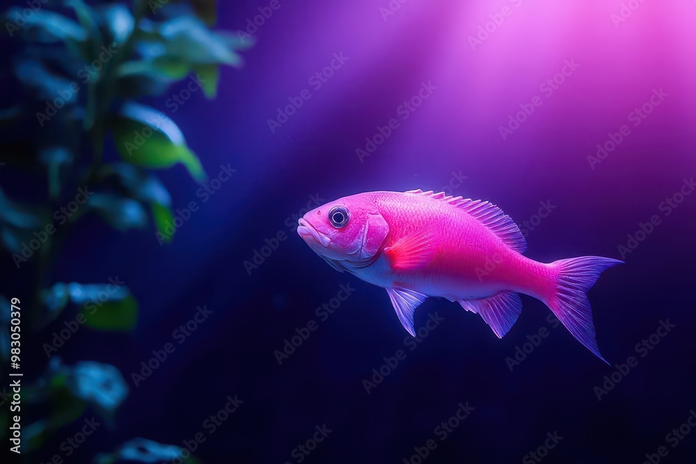 Fototapeta premium A vibrant pink fish swimming gracefully in a dark aquarium with colorful lighting.