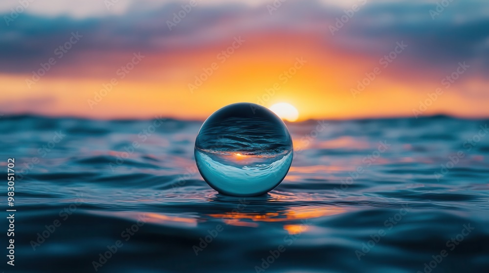Crystal ball reflecting sunset over water, creating a peaceful atmosphere. Crystal ball reflecting sunset over water, creating a peaceful atmosphere.