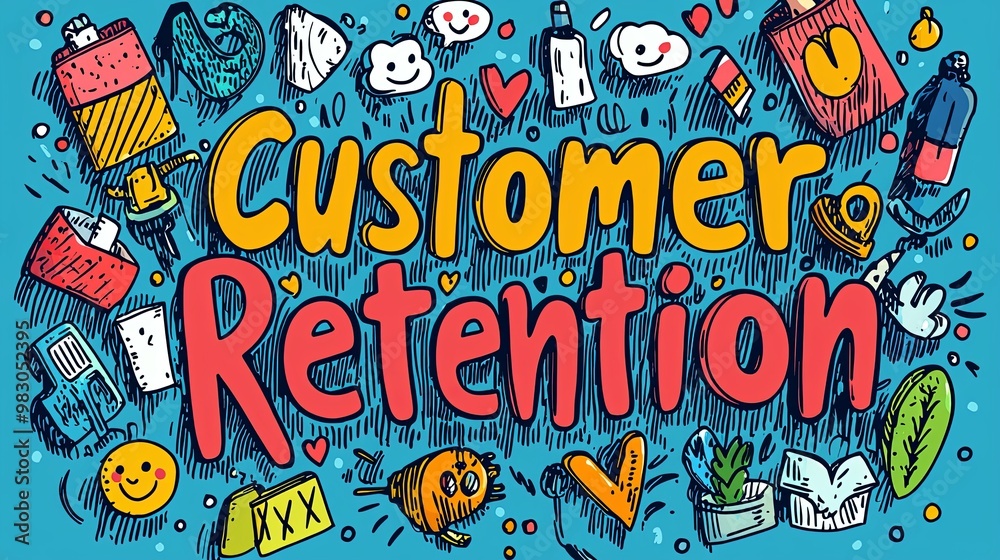 Obraz premium This image displays the phrase 'Customer Retention' in colorful, playful letters surrounded by various small icons representing different items and concepts.