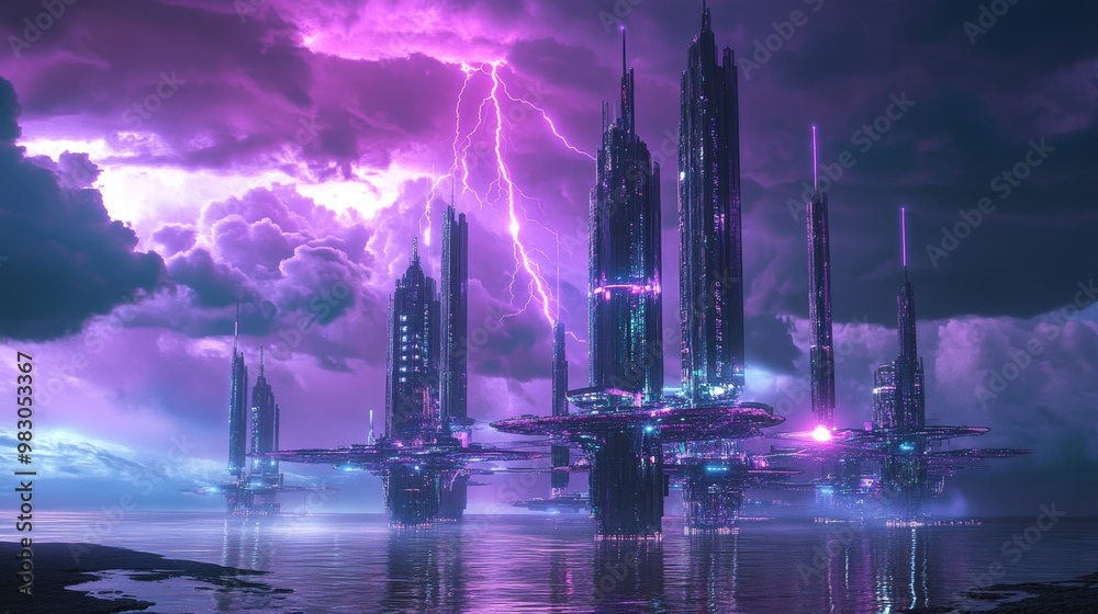Futuristic Cityscape with Lightning Strike Futuristic Cityscape with Lightning Strike