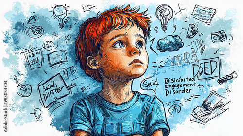 A creative drawing of a child encircled by symbolism and texts relating to various social disorders, including social anxiety and disinhibited social engagement disorder. photo