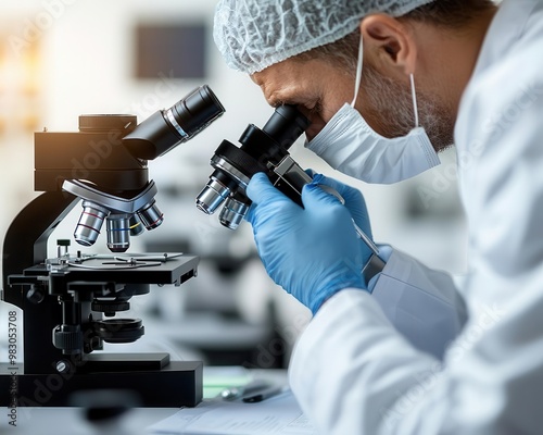 Medical professional analyzing lymph node biopsy under a microscope, focused and detailed view, lymphoma, diagnosis of lymphatic cancer