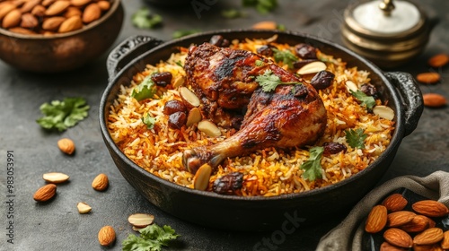 indian meat biryani, Spicy mutton biryani food photography, The national arabian dish chicken kabsa with roasted chicken quarter and almonds 