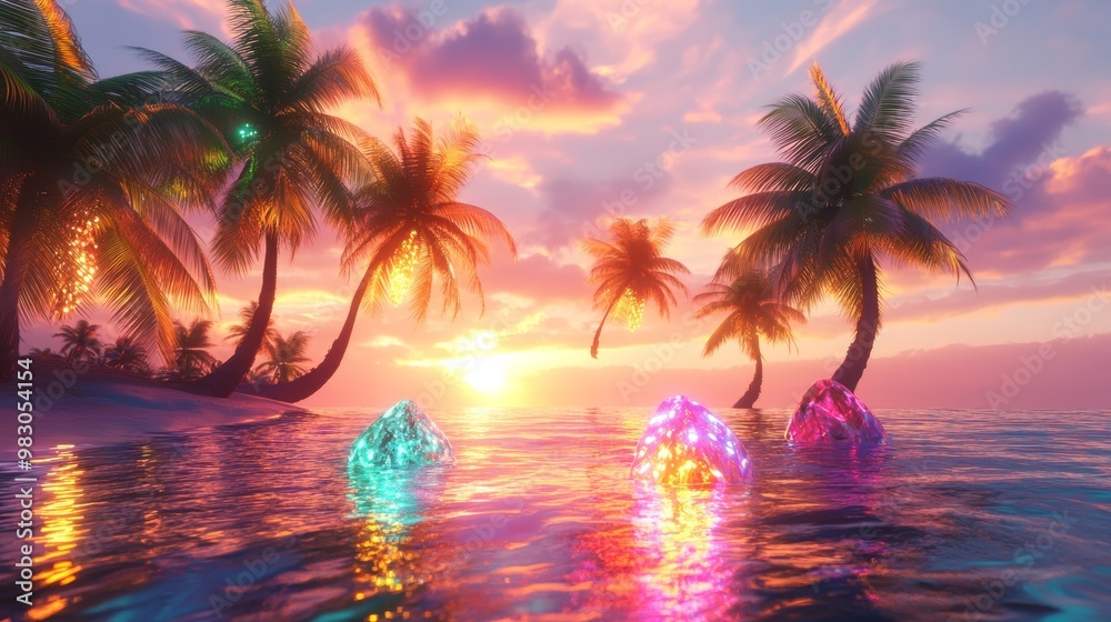 Tropical Sunset with Glowing Crystals