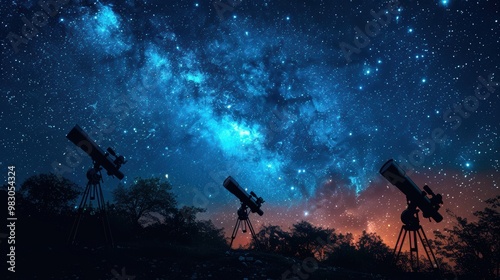 Silhouette of a telescope on a hillside against a starry night sky background. This image could be used as an illustration, banner, or as a space for text.