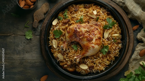 indian meat biryani, Spicy mutton biryani food photography, The national arabian dish chicken kabsa with roasted chicken quarter and almonds  photo