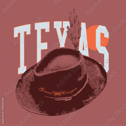 Cow boy Cap with Texas desert text  print for summer vibes graphic. desert slogan print  t shirt tops print artwork. Desert canyon. Texas desert vibes graphic print for fashion and others.
