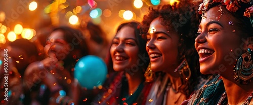 A vibrant image of a group of young women joyfully celebrating at a party, surrounded by bright lights and colorful confetti. Their laughter and energy create an atmosphere of fun and togetherness