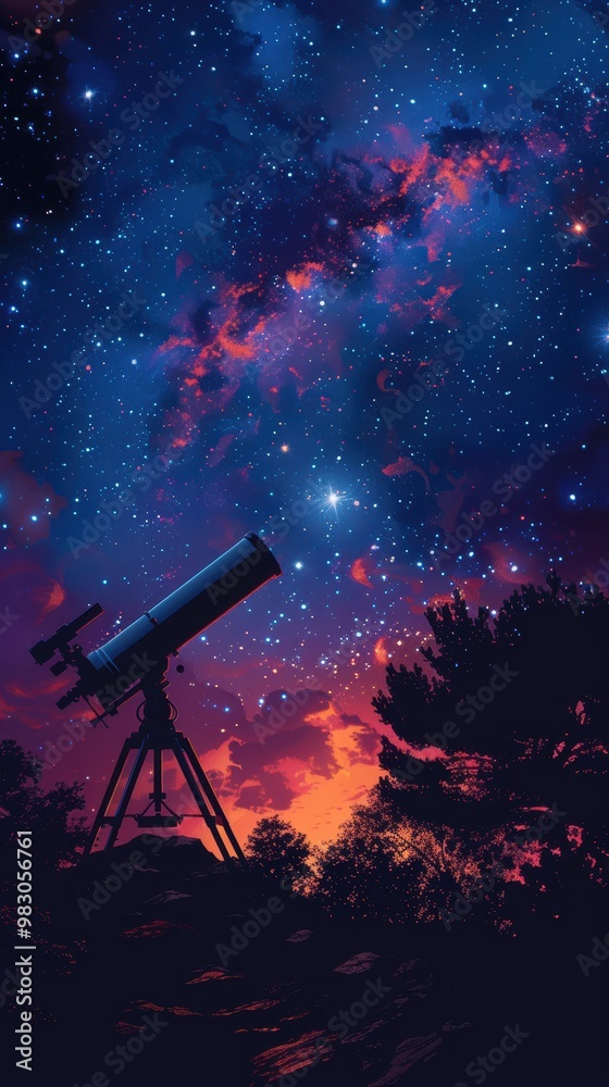 Silhouette of a telescope on a hillside against a starry night sky background. This image could be used as an illustration, banner, or as a space for text. Silhouette of a telescope on a hillside against a starry night sky background. This image could be used as an illustration, banner, or as a space for text.