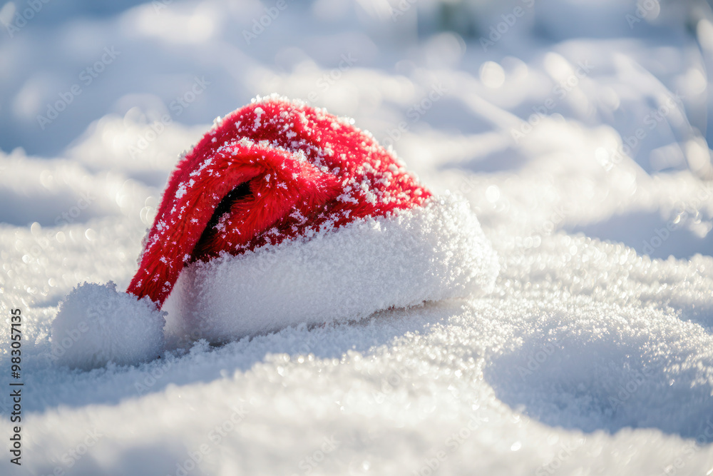 Santa hat covered in snow resting on a snowy surface, with soft sunlight and sparkling snowflakes.