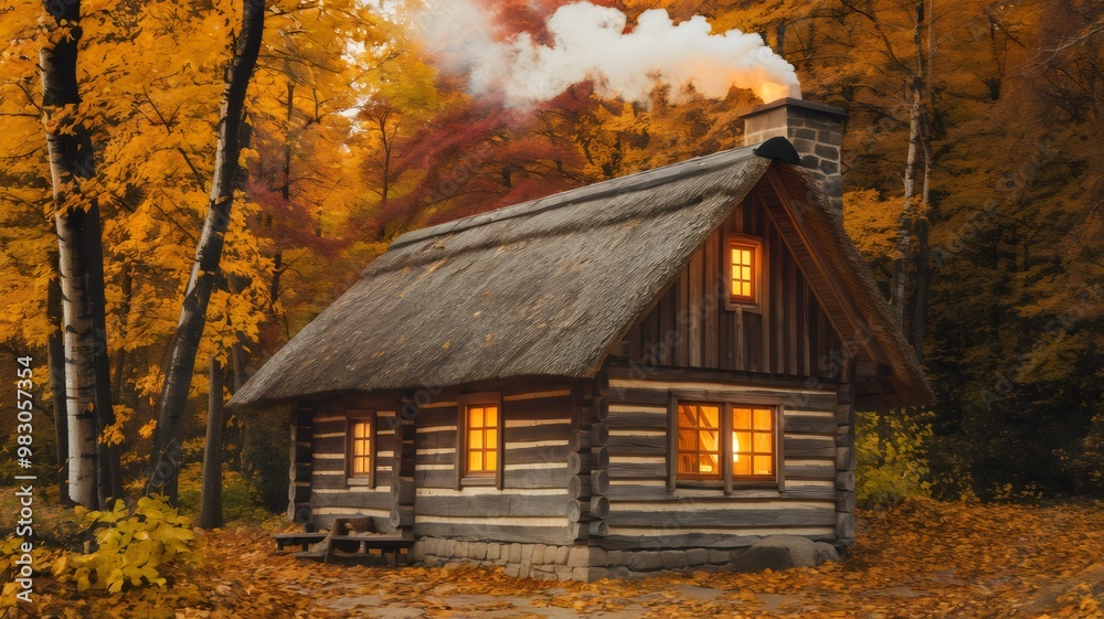 Log Cabin with Thatched Roof and Vibrant Autumn Leaves Log Cabin with Thatched Roof and Vibrant Autumn Leaves