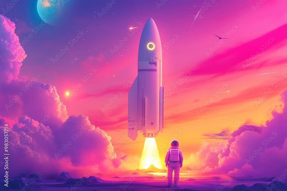 An astronaut surrounded by neon-colored dollar signs and coins set against blue sky, financial concept banner. Beautiful simple AI generated image An astronaut surrounded by neon-colored dollar signs and coins set against blue sky, financial concept banner. Beautiful simple AI generated image