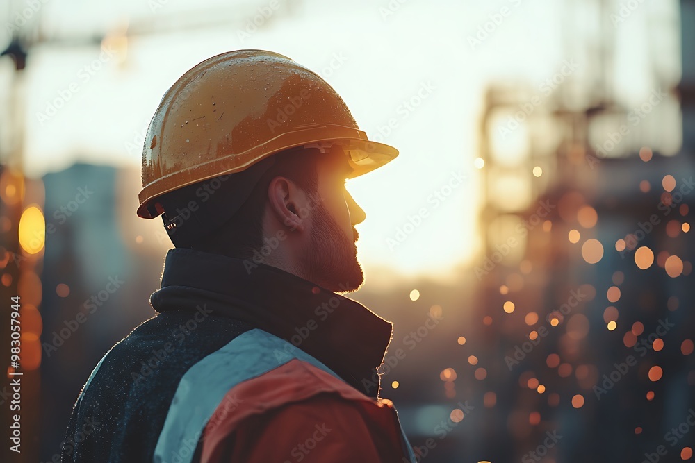 Construction worker wearing hard hat looking at sunset